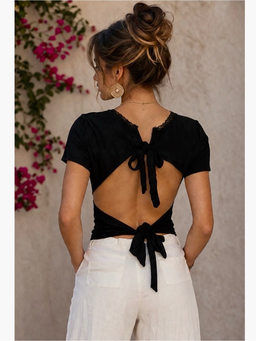 POL Open Back Tie Top Knit Short Sleeve Lace Detail Black Shirt Women Size Small